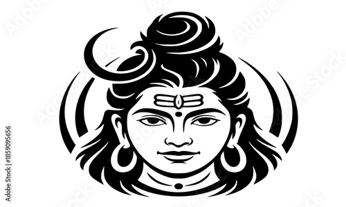 Lord Shiva Face Silhouette Vector Illustration with Crescent Moon and Jata, Mahadev Black Line Art Minimalist Design, Hindu God Shiva Adiyogi Devotional Graphic, Maha Shivratri Religious