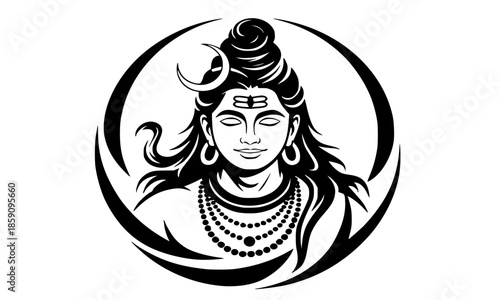 Lord Shiva Face in Circular Frame Silhouette Vector Illustration, Mahadev with Crescent Moon Jata and Rudraksha Black Line Art, Hindu God Adiyogi Devotional Graphic, Maha Shivratri Spiritual Design