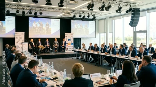 Business conference panel discussion in modern venue