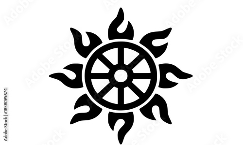 Flaming Dharma Wheel Symbol Vector Illustration, Buddhist Dharmachakra with Flames Black Silhouette, Spiritual Fire Wheel of Law Minimalist Design, Buddhism Enlightenment Graphic