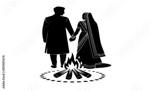 Indian Bride and Groom Taking Pheras Around Holy Fire Silhouette Vector, Traditional Hindu Wedding Ceremony Black Illustration, Saat Phere Marriage Ritual Graphic, Vivah Sanskar Couple Around Agni Art