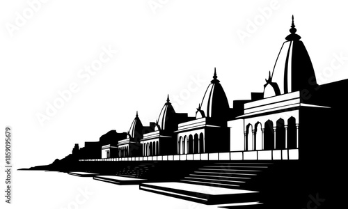 Indian Temple Ghat Silhouette Vector Illustration, Traditional Hindu Riverside Temple Black Line Art, Ancient Ghats Architecture Design, Varanasi Banaras Style Temple Graphic