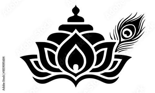 Lord Krishna Lotus with Conch Shell and Peacock Feather Vector Silhouette, Shri Krishna Symbols on Lotus Flower Black Illustration, Hindu God Devotional Graphic, Krishna Janmashtami Spiritual Design
