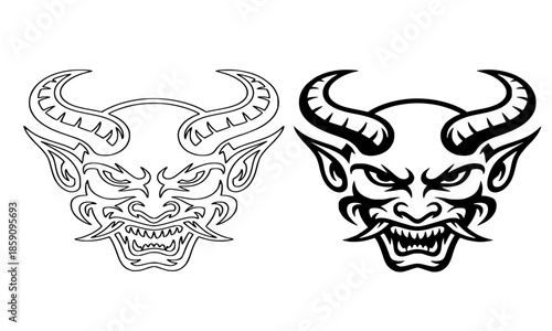 Japanese Oni Demon Mask Vector Set, Traditional Hannya Devil Face Black Illustration Duo, Tribal Tattoo Style Oni Horned Mask Graphic, Japanese Mythology Noh Kabuki Demon Artwork