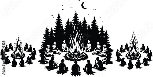 Campfire gathering in forest at night, people sitting around fire, pine trees, crescent moon, outdoor adventure, nature vector illustration