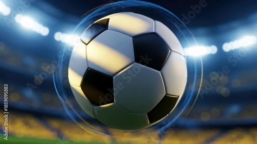Dynamic Soccer Ball Spin: Black and White Pattern with Stadium Background, Sporting Event