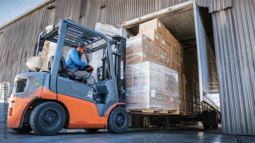 Forklift operator loading stacked boxes on pallets into a semitrailer at a warehouse loading dock, 4k video