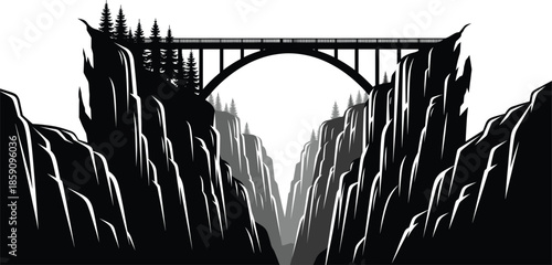 Canyon landscape with arched bridge, pine trees, cliffs, dramatic depth, black and white silhouette for nature and architecture themes