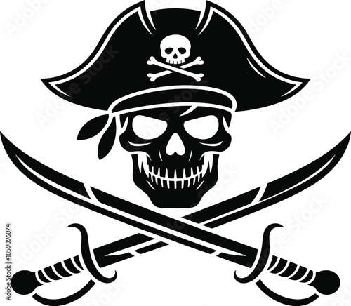 Pirate skull emblem, crossed cutlasses icon, black and white vector, Jolly Roger style, adventure symbol, rebellious graphic illustration