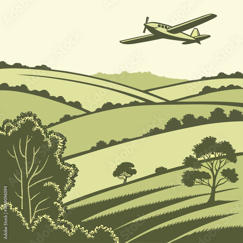 Vintage airplane flying over rolling countryside