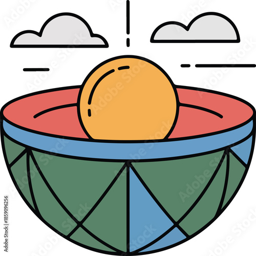 Vibrant Vector Graphic Illustration of a Colorful Bowl with Yellow Sphere - Modern Flat Design Style