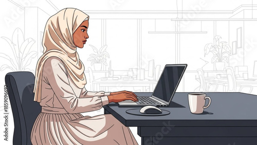 Young Muslim woman in hijab working on a laptop at her desk in a modern office illustration for business and technology concepts