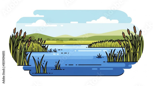Vibrant wetland landscape illustration with cattails and calm water flat design vector for nature and environmental concepts