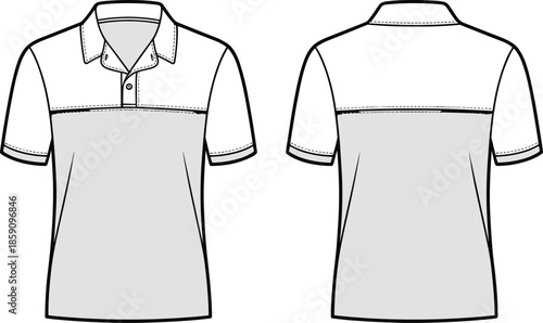 Polo shirt technical sketch, front and back view, short sleeve design, collar placket, contrast yoke, garment template