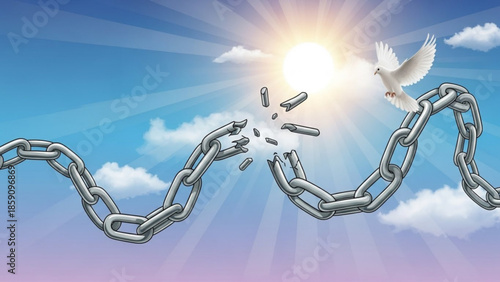 Broken chain with dove flying towards sun symbolizing freedom and hope concept for liberation and new beginnings