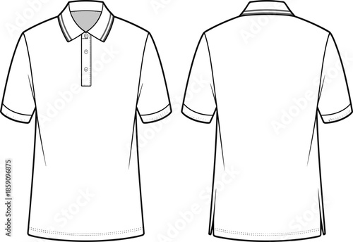 Polo shirt technical sketch, garment flat drawing, fashion template, apparel design, vector illustration, front back view, clothing mockup, casual wear