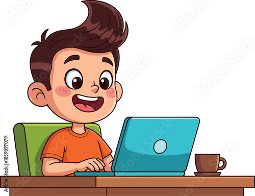 Cartoon boy using laptop at table with coffee cup, smiling child learning online, digital education concept, white background illustration