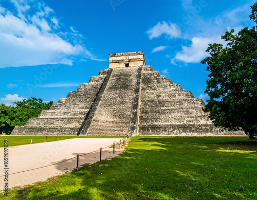 Ancient pyramid, bright blue sky, lush greenery