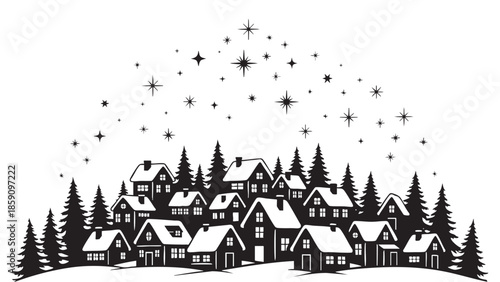 Charming Winter Village Scene with Snowcovered Houses and Starry Night Sky