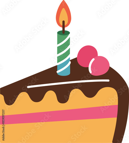 Vibrant Yellow Birthday Cake Vector Graphic with Chocolate Frosting and Lit Candle Illustration