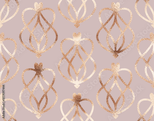 Decorative holiday seamless pattern for with gold knotted hearts.