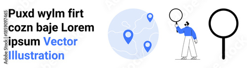 Man holding magnifying glass next to a globe featuring geolocation icons. Ideal for navigation, exploration, search, research, analytics, travel guides, and simple landing page