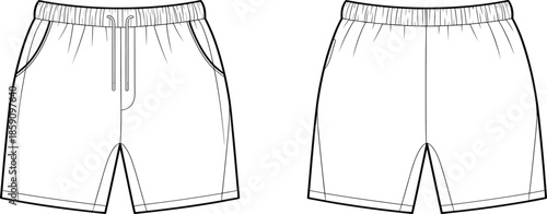 Shorts template, front and back view, fashion flat sketch, casual wear, garment mockup, apparel design, vector illustration, drawstring