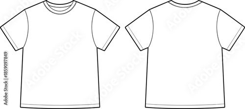 Short-sleeve t-shirt technical sketch front and back view, fashion template, garment design, apparel mockup, clothing illustration