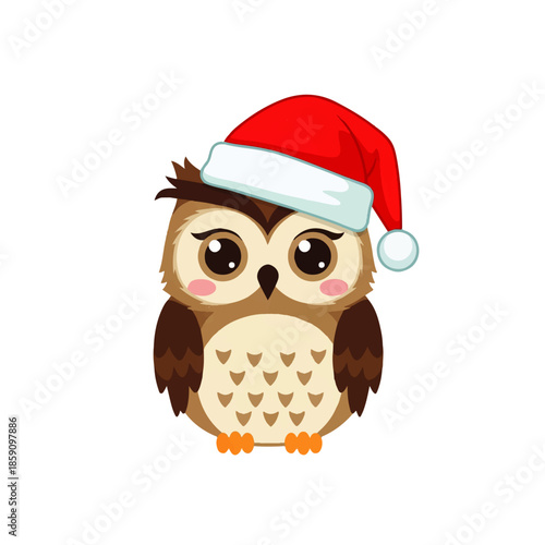 A charming cartoon owl with big eyes and rosy cheeks, wearing a festive red Santa hat, perfect for holiday designs and winter celebrations.