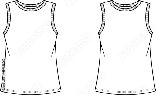 Sleeveless shirt technical sketch front and back view, fashion template, garment design, apparel mockup, clothing illustration, tank top outline