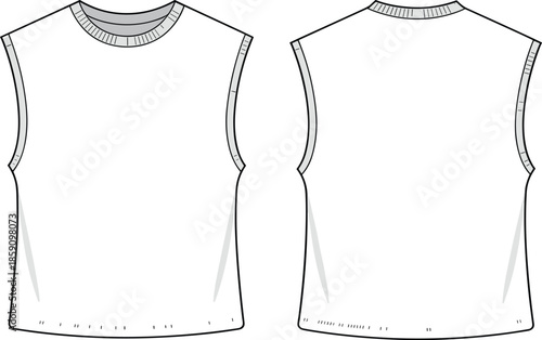 Sleeveless shirt technical sketch, front and back view, ribbed neckline, curved hem, fashion template, garment mockup, apparel design