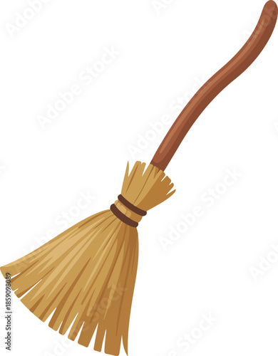 Vibrant Yellow Broomstick Vector Graphic Illustration with Wooden Handle and Bristles for Cleaning Purposes