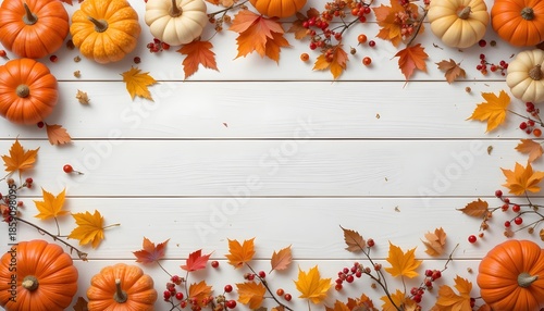 Festive Autumn Flat Lay with Pumpkins, Berries, and Leaves on White Wooden Background