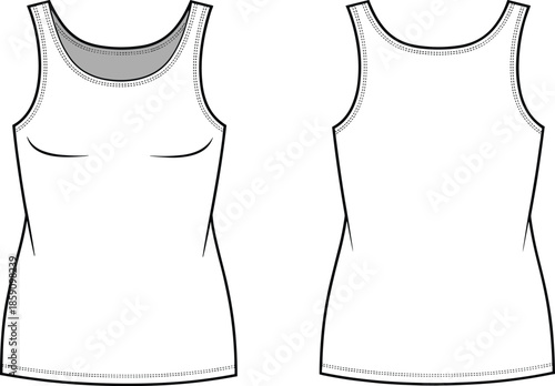 Sleeveless women’s tank top technical sketch, front and back view, fashion template, garment design, apparel mockup, clothing illustration