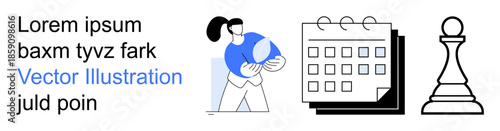 Business strategy, planning, decision-making, time management, organization, and teamwork. A person holding an object, a calendar and a chess piece. Business strategy and planning concept