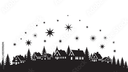 Nighttime Village Scene with Starry Sky and Christmas Trees