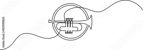 Minimalist continuous one-line drawing of a trumpet inside a circle with music notes. Sleek black outline vector for jazz and orchestral designs.