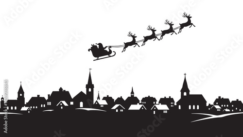 Santa Claus Flying Over Village Skyline Holiday Season Scene