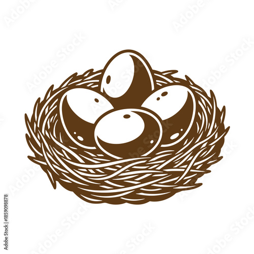 Vintage Brown bird nest with three eggs on white background