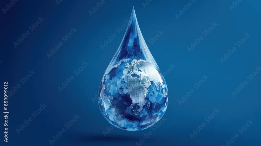Fototapeta premium A large translucent blue teardrop contains a stylized Earth with continents and oceans,