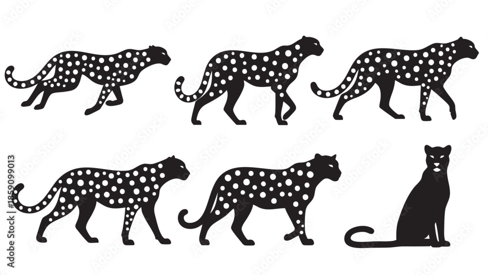 Obraz premium Set of six black and white jaguar silhouettes for design projects