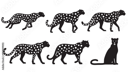 Set of six black and white jaguar silhouettes for design projects