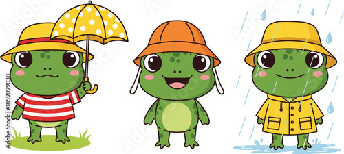 Cartoon frogs wearing raincoat, umbrella, and hat, cute amphibian characters vector illustration for children design, rainy weather animal art