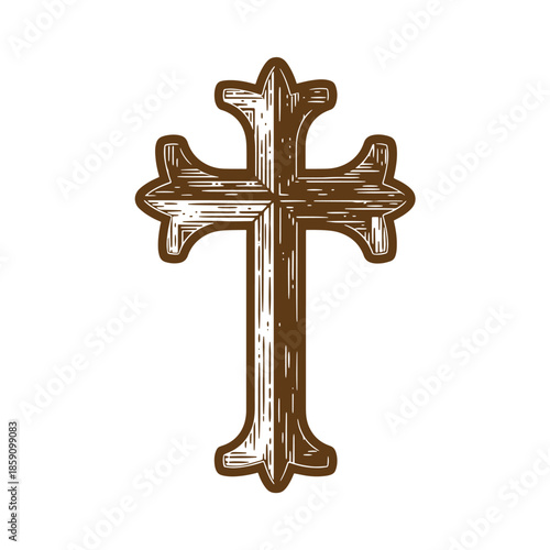Vintage Brown christian cross symbol with white shading and brown outline isolated on transparent background