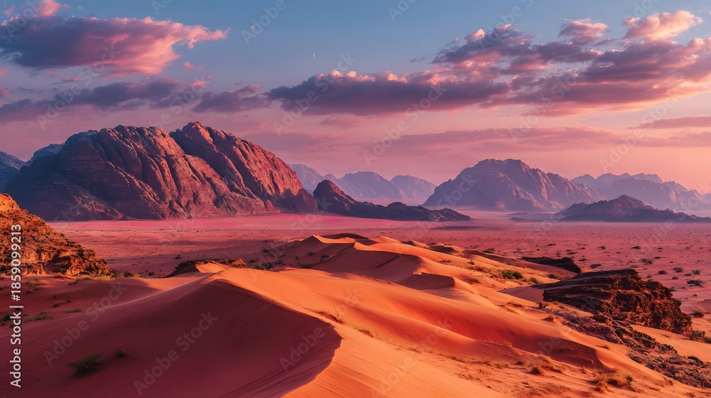 Fototapeta premium Majestic Desert Landscape - A Breathtaking Sunset Over Sand Dunes and Mountains.