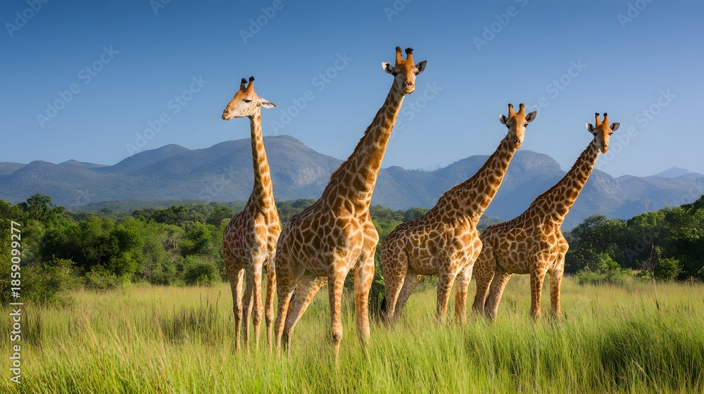 Fototapeta premium Majestic Giraffes Stroll Across the African Savanna Under a Clear Blue Sky, a Beautiful Scene.
