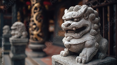 Wallpaper Mural Stone lion statue in intricate detail, guarding a temple entrance, blurred background Torontodigital.ca