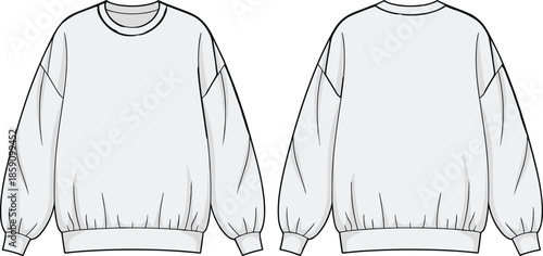 Sweatshirt fashion sketch, front and back view, crew neck, ribbed cuffs, garment template, apparel design, vector drawing, casual wear