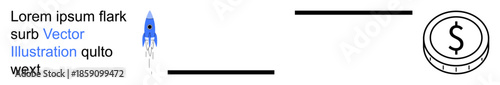 Business development, financial growth, investment, innovation, startups, wealth building. Blue rocket launching on the left with a dollar sign coin on the right. Business success and financial growth