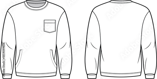 Sweatshirt technical sketch, front and back view, chest pocket, kangaroo pocket, crewneck, ribbed cuffs, fashion template, apparel mockup, vector